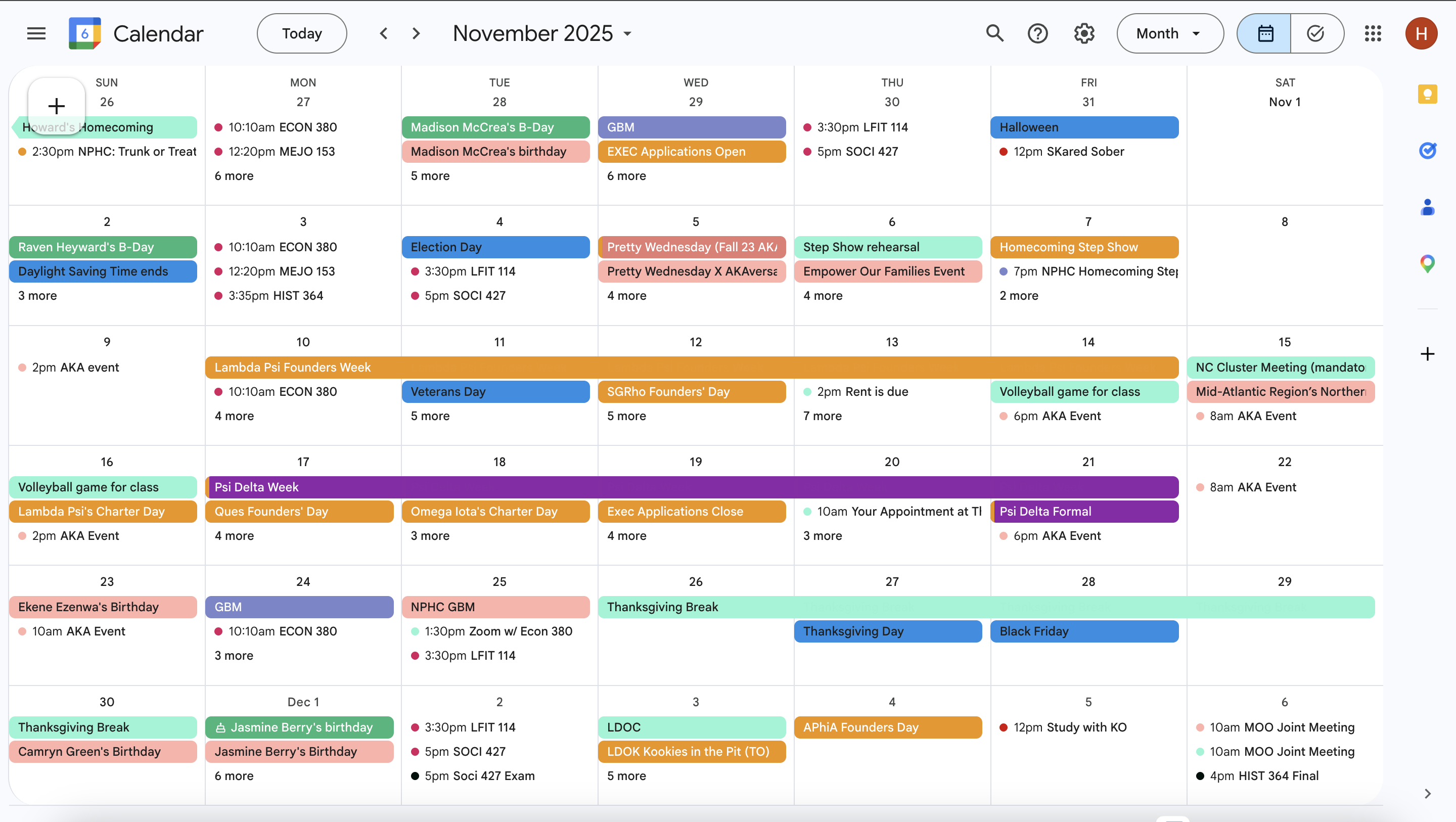 picture of Halle's google calendar